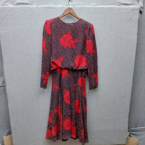 VTG Kono New York Red & Blue Paisley Floral Long Sleeve Dress - Picture 3 of 3